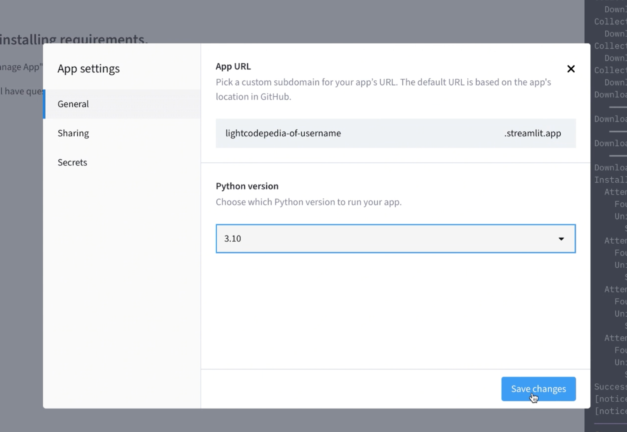 Change Python to 3.10 in app settings